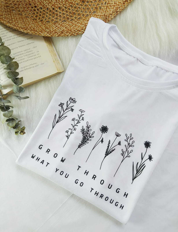 Camiseta flores negra S-Blanco